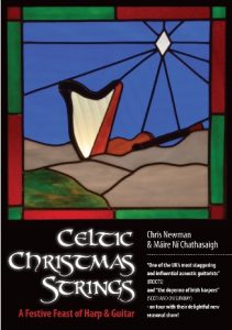 stylised picture of blue sky and irish hills with a celtic harp